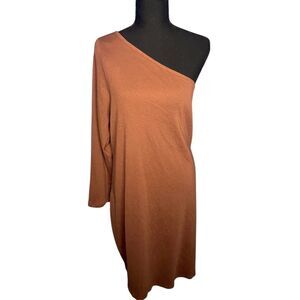 Old Navy Womens Fitted Camel One Sleeve Rib Knit Midi Dress 3X Flattering Cotton